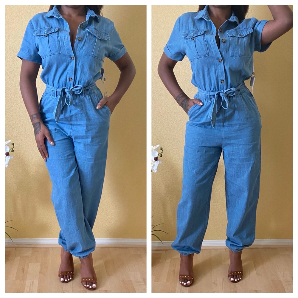 Button Up Denim Jumpsuit